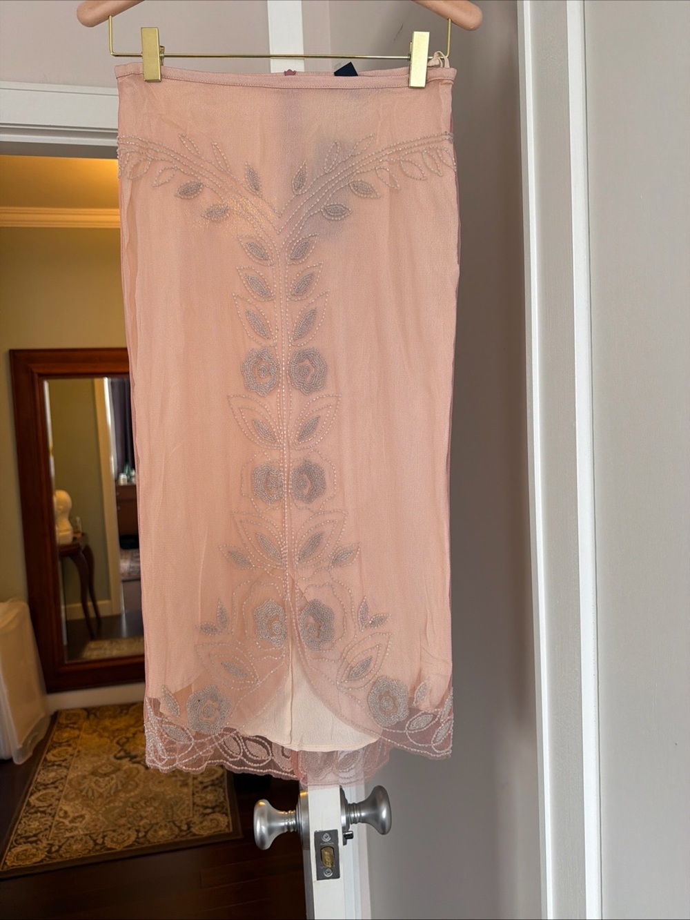 French Connection Peach Embroidered pencil Midi Skirt size 0